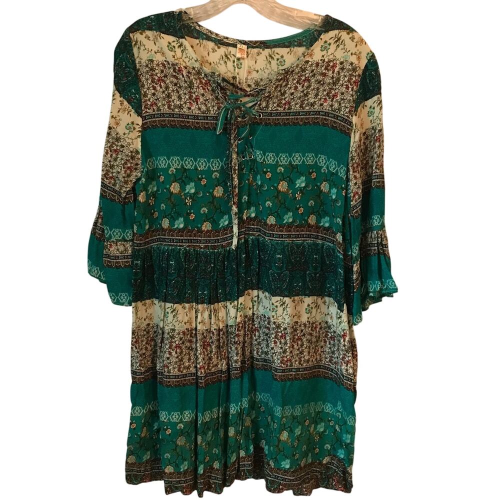 MokingTop Dress Large Womens Boho Turquoise Ruffle Waist Three Quarter Sleeve L